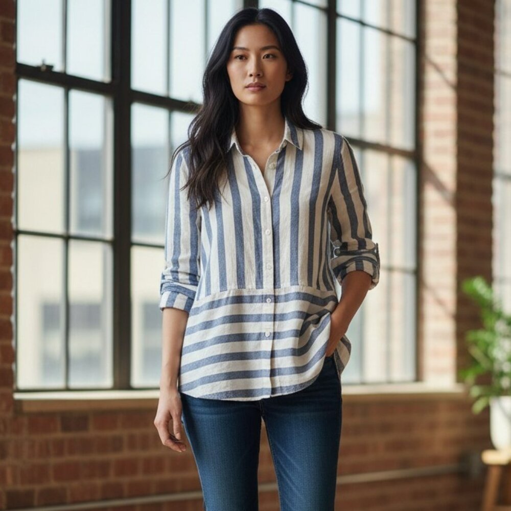 Beymen Club Womens Small Blue White Stripe Long Sleeve Linen Blend Shirt Top S